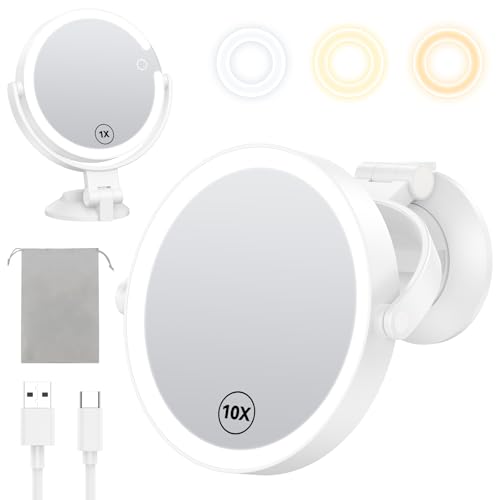 Gospire 7“ Wandspiegel mit Beleuchtung und 10-facher Vergrößerung, 3-farbig beleuchteter Badezimmerspiegel mit leistungsstarker Saugnapfverriegelung, Led-Spiegel für den Schreibtisch - Weiß von Gospire