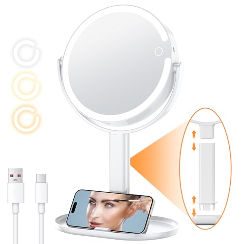 Gospire 8'' Schminkspiegel mit Beleuchtung, Kosmetikspiegel 10fach, 80 LED Kosmetikspiegel mit Vergrößerung, 3 Farben licht, 360° Drehbar Doppelseitig Vergrößerungsspiegel, Weiß von Gospire