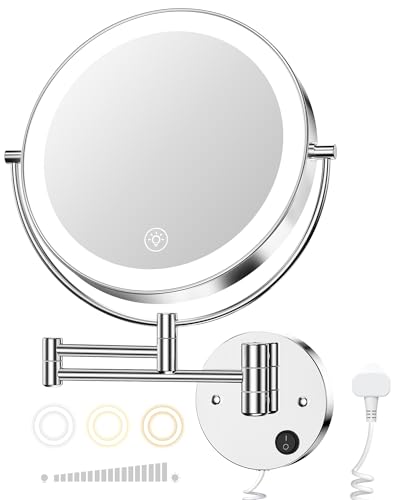 Gospire Kosmetikspiegel, Wandmontage, beleuchteter Schminkspiegel mit 3 Farblichtern und stufenlosem Dimmen, 1 x / 10-fache Vergrößerung, LED, doppelseitig, Touch-Sensor, ausziehbarer Arm, 360° von Gospire