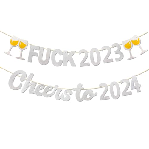 Fuck 2023 Prost zu 2024 Banner, Gold Glitter Frohes Neues Jahr 2024 Garland, Auf Wiedersehen 2023 Prost zu 2024 Banner für einen schönen Silvesterabend Willkommen zu 2023 Partydekorationen (Sliver) von GotGala