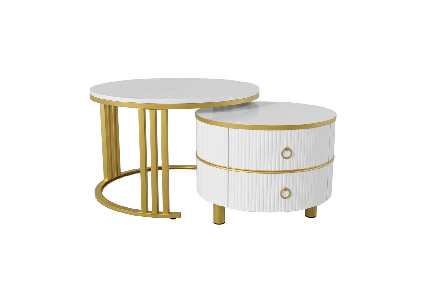 Gotagee Couchtisch 2-in-1 runder Beistelltisch mit Schubladen weißer Marmorplatte von Gotagee