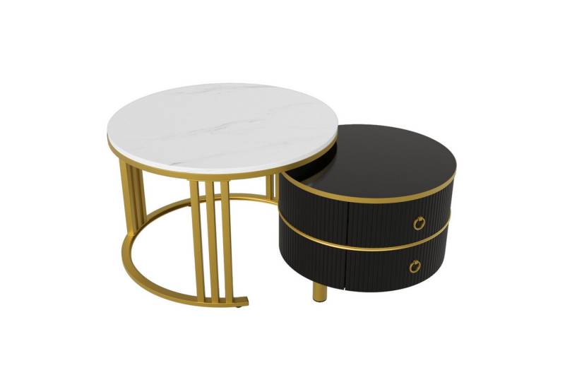 Gotagee Couchtisch 2-in-1 runder Beistelltisch mit Schubladen weißer Marmorplatte von Gotagee