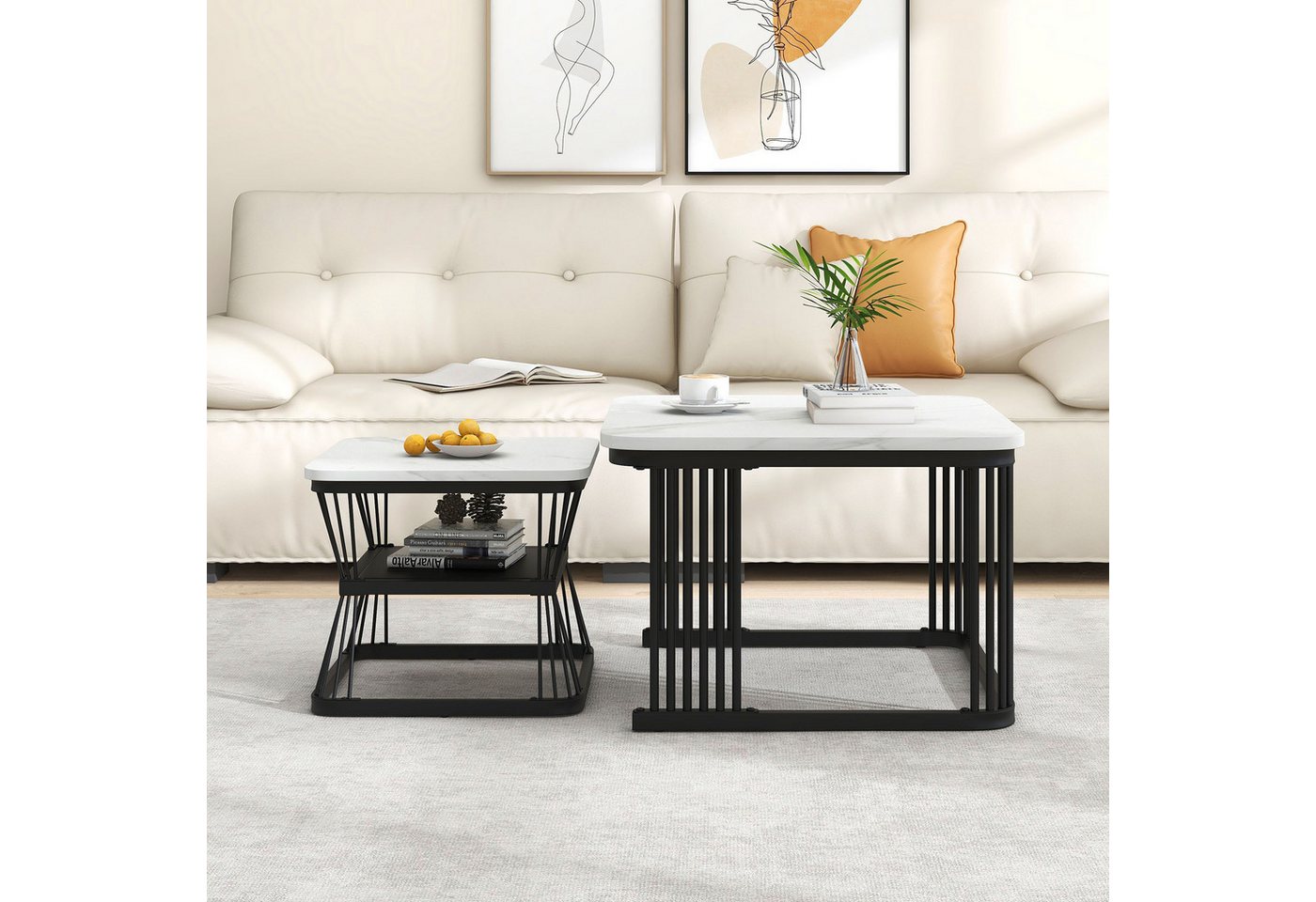 Gotagee Couchtisch Beistelltischen PVC in Marmoroptik Wohnzimmertisch Couchtisch 2 Tische, 2 Tische mit den Maßen 65x65x45 cm und 45x45x39.5 cm von Gotagee