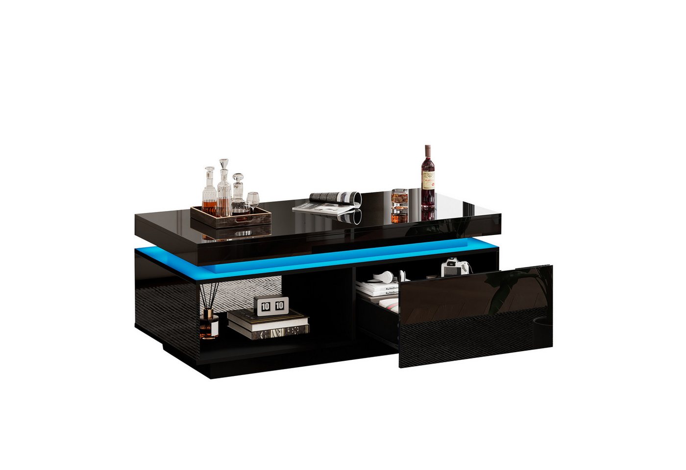 Gotagee Couchtisch Hochglanz Wohnzimmertisch Beistelltisch Aufbewahrungstisch mit LED, Eleganter Tisch mit Schublade und 50 kg Tragkraft von Gotagee
