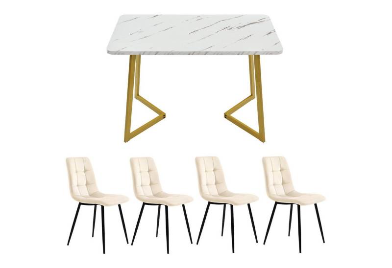Gotagee Essgruppe 117cm Esstisch mit 4 Samt Stühlen Set Esstisch Moderner Küchentisch, Rechteckiger Esstisch Samt Küchenstuhl,Golden Tischbeine von Gotagee