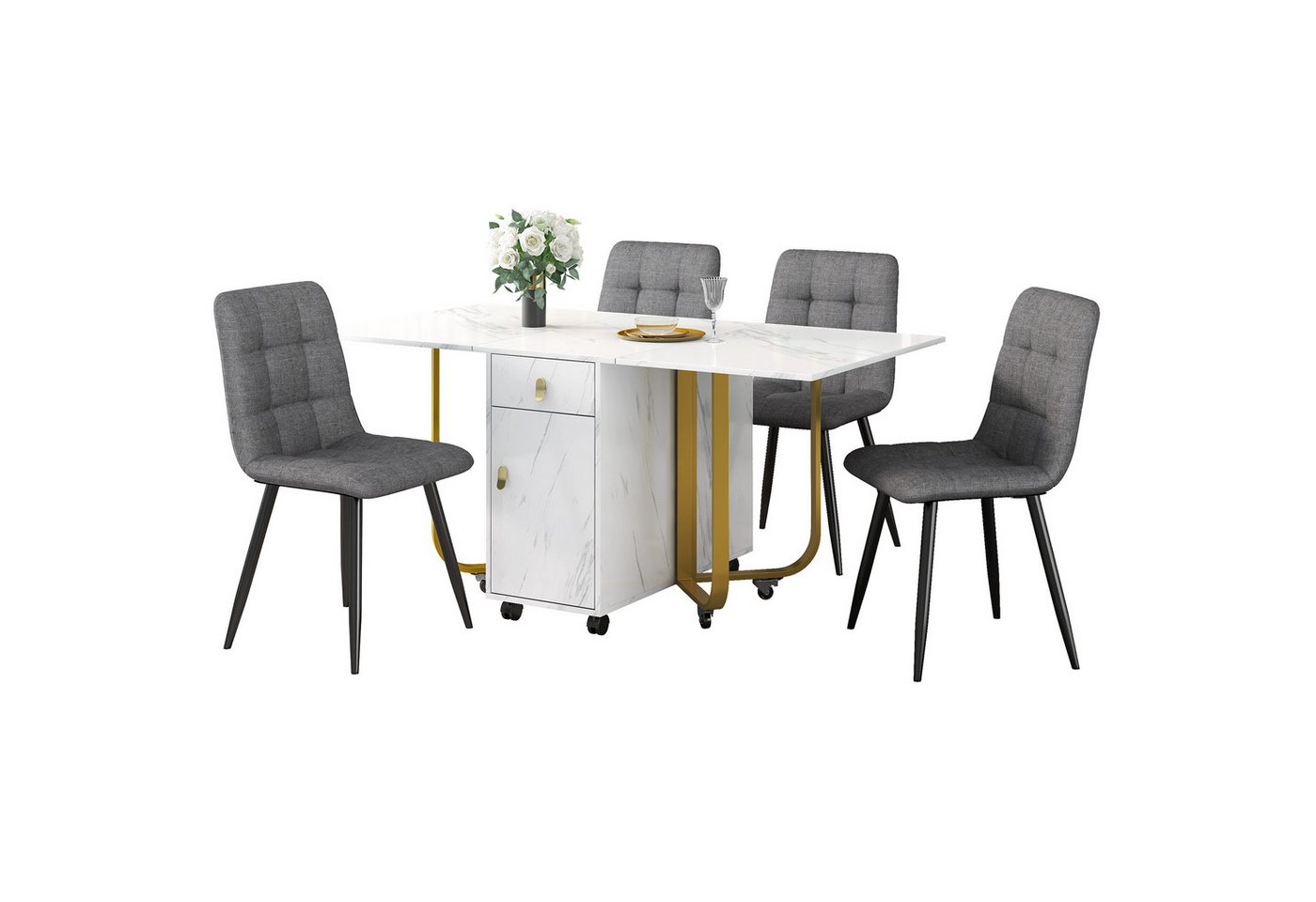 Gotagee Essgruppe Esstisch+4 Leinen Sitzgruppe Klappbarer Küchentisch Polsterstuhl, Klappbarer Küchentisch Set Stuhl mit Rückenlehne von Gotagee