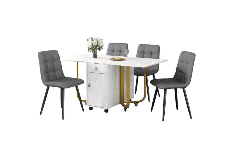 Gotagee Essgruppe Esstisch+4 Leinen Sitzgruppe Klappbarer Küchentisch Polsterstuhl, Klappbarer Küchentisch Set Stuhl mit Rückenlehne von Gotagee