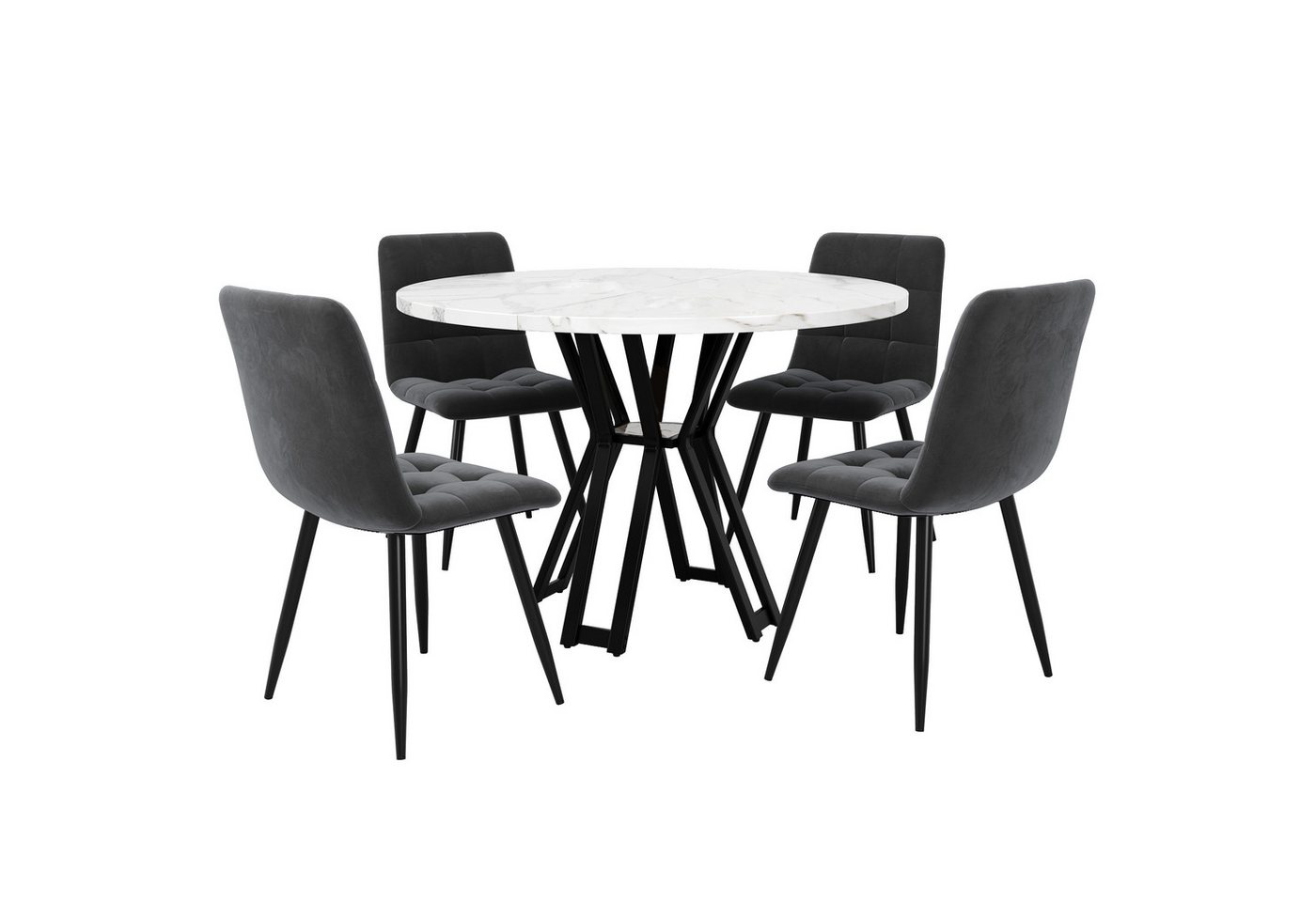 Gotagee Esszimmer-Set Esstisch und Stuhl-Set(5Teile) runder Esstisch Tisch und Stuhl-Set, weiß marmorierte Tischplatte, graue Samt-Esszimmerstühle von Gotagee