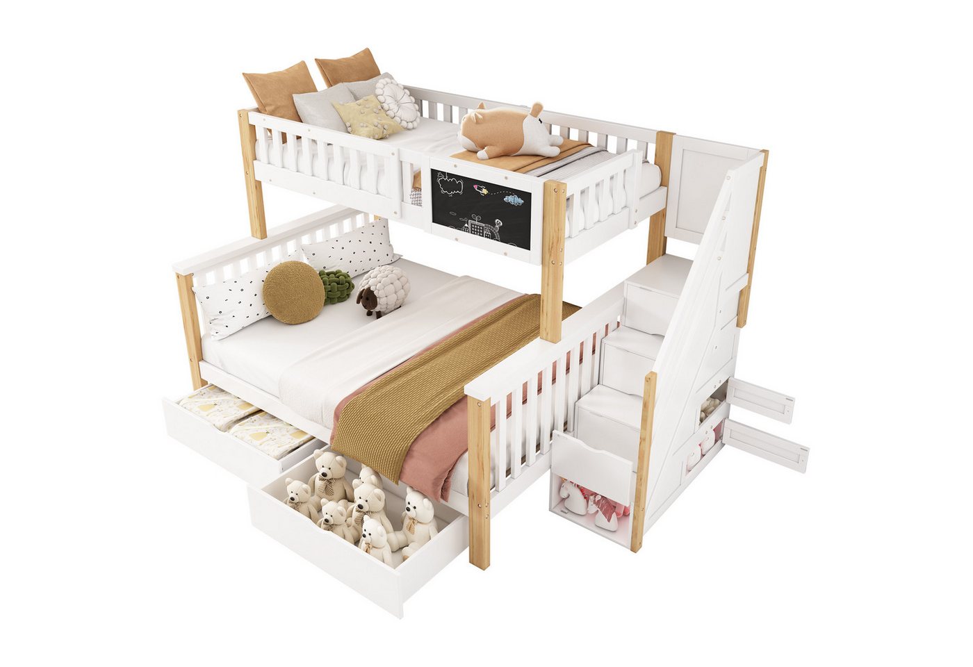 Gotagee Etagenbett Doppelbett Kinderbett 90x200cm+140x200cm Gästebett Stauraumbett Modern, mit Tafel und Schubladen von Gotagee