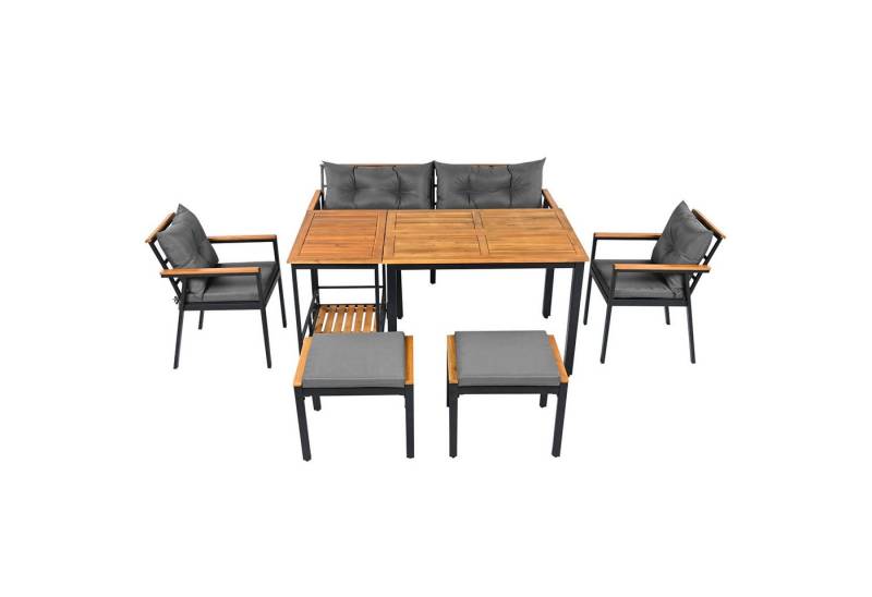 Gotagee Gartenlounge-Set Esstisch- und Stuhlset Gartenmöbel 6-7-Sitzer-Gartensitzgruppe Grau, mit Sesseln und abnehmbarem Esswagen von Gotagee