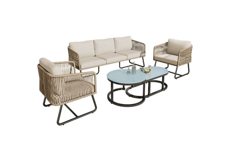 Gotagee Gartenlounge-Set Garten-Lounge-Set Gartenmöbel-Set aus Seil 5er-Set Gartensitzgruppe, Tischplatte aus glattem Glas,5er-Set,mit aller Sitz- und Rückenkissen von Gotagee