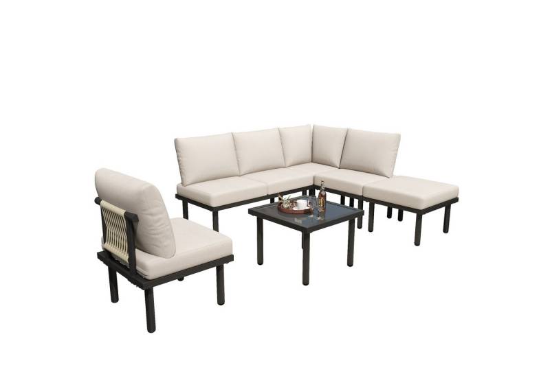 Gotagee Gartenlounge-Set Garten-Loungestuhl-Set Gartenmöbel 6-teiliges Set Möbelset im Seilstil, verstellbare Füße, glatte Glastischplatte von Gotagee