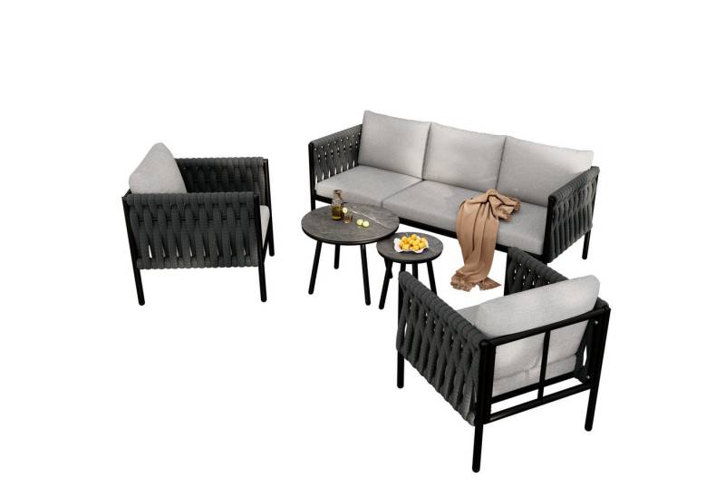 Gotagee Gartenlounge-Set Sitzgruppe Garten-Loungestuhl-Set Gartenmöbel-Set Esstisch-Set Grau, 3-Sitzer-Sofa, 2 Sessel und 2 Couchtische, dickes Seilgeflecht von Gotagee