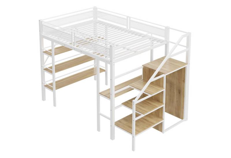 Gotagee Hochbett 140x200cm Eisenbett mit Kleiderschrank Jugendbett modern Stauraumbett Sicherheitsstufen mit Ablagefach, hohes Zaundesign von Gotagee