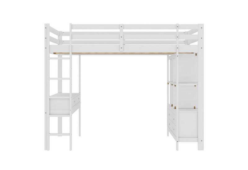 Gotagee Hochbett 140x200cm Kinderhochbett Gästebett Einzelbett Massivholzbett weiß mit Stauraumschubladen und Unterbettschreibtisch von Gotagee