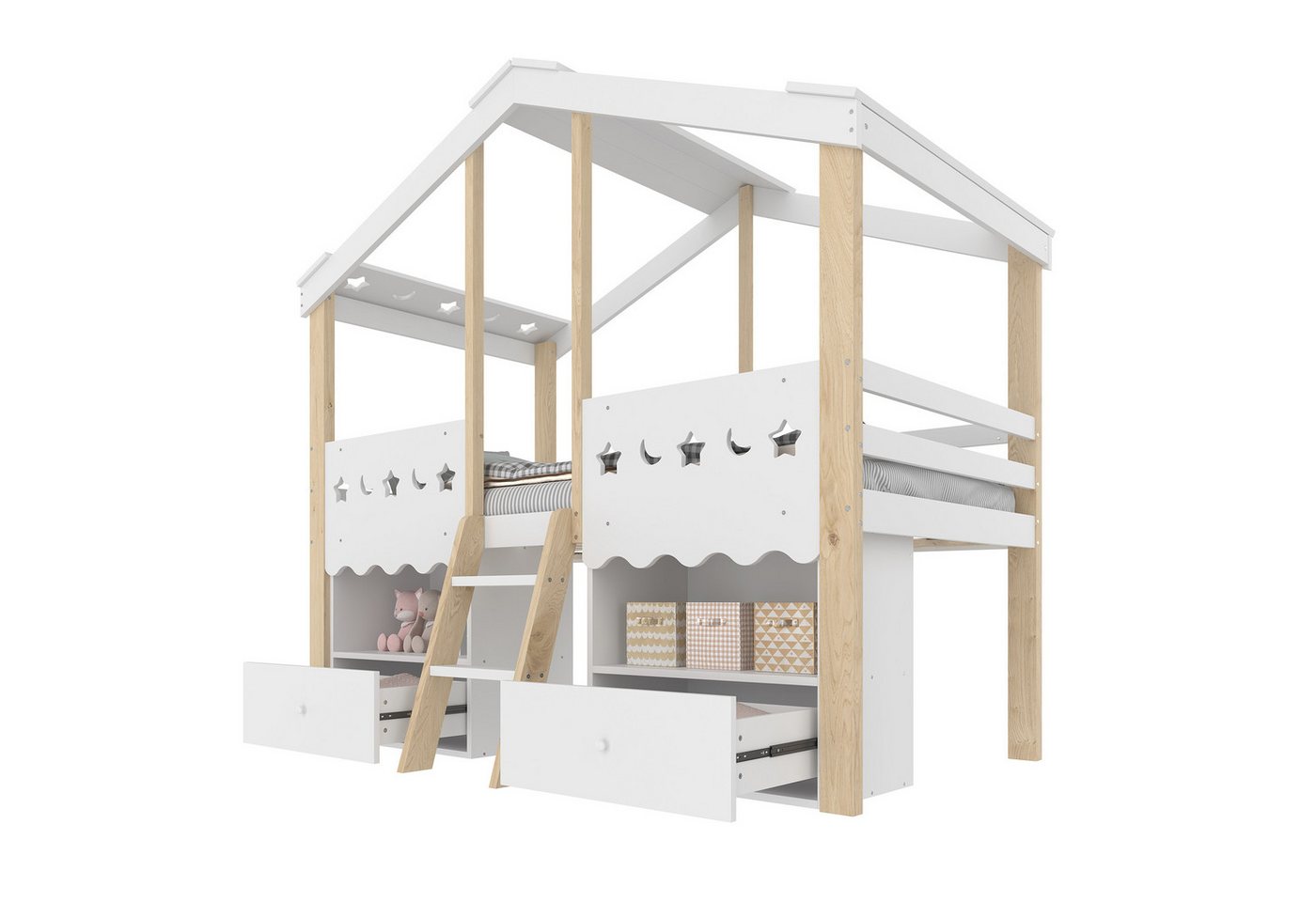 Gotagee Hochbett Halbhohes Bett 90x200cm Einzelbett Holzbett Jugendbett mit Schubladen von Gotagee