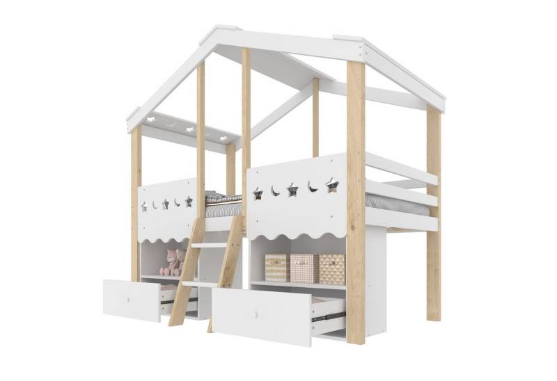 Gotagee Hochbett Halbhohes Bett 90x200cm Einzelbett Holzbett Jugendbett mit Schubladen von Gotagee