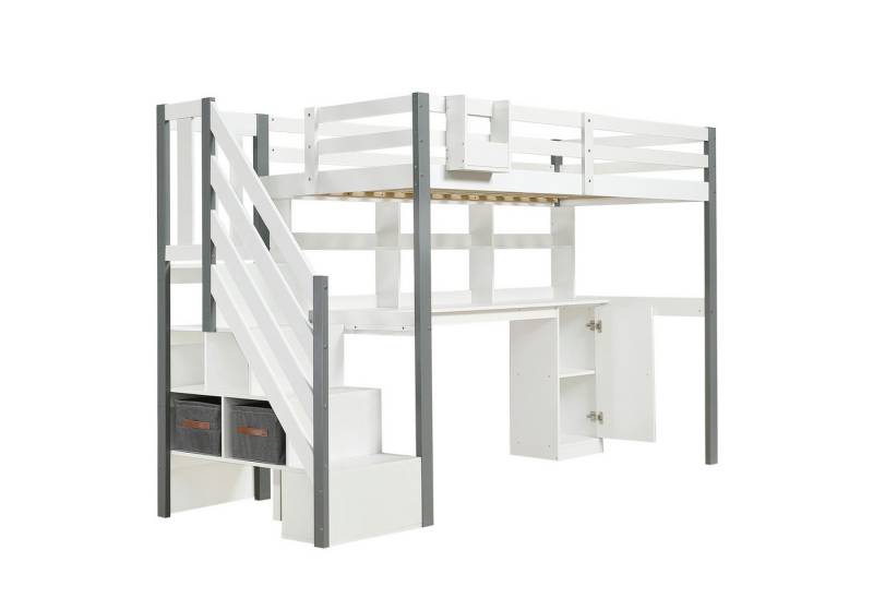 Gotagee Hochbett Halbhohes Bett 90x200cm Jugendbett Gästebett Holzbett Einzelbett Weiß Mit Stoff-Aufbewahrungsbox mit Schreibtisch und Schließfächern von Gotagee