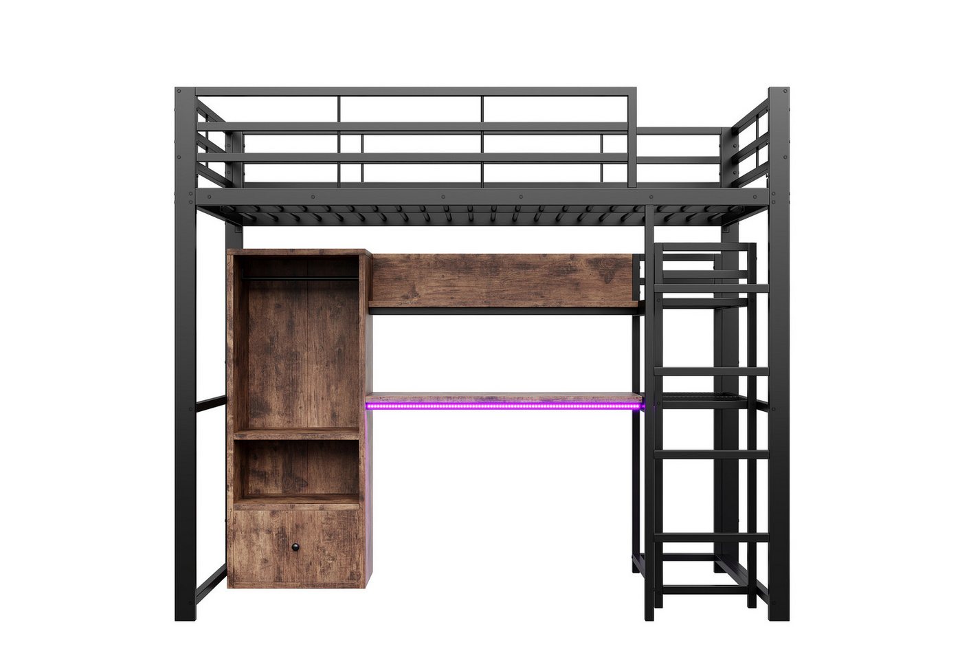 Gotagee Hochbett Hochbett 90x200cm Metall mit LED-Leuchten Schreibtisch und Treppe Etagenbett mit Kleiderschrank, Geländer und Regalen. von Gotagee