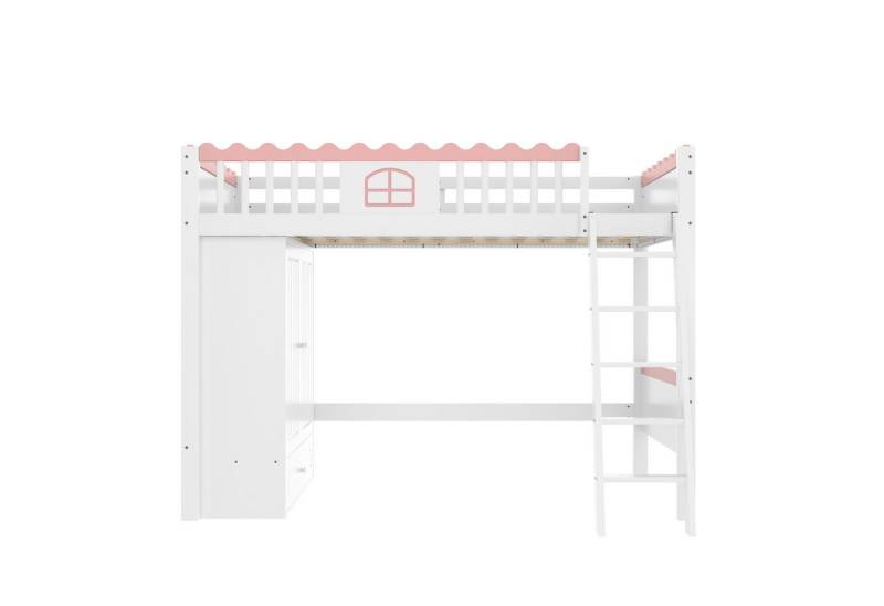 Gotagee Hochbett Jugendbett Einzelbett Kinderbett Mit LED-Licht Mit Kleiderschrank Kleine Fensterform am Geländer. von Gotagee