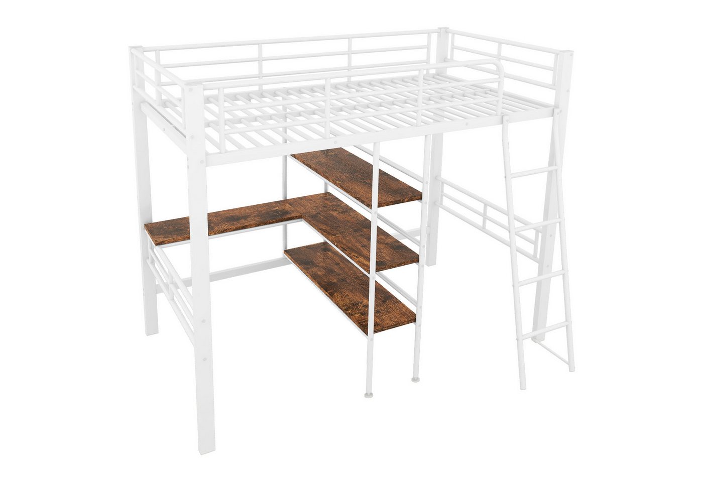 Gotagee Hochbett Metallbett 90x200cm mit Schreibtisch Regale Eisenrahmen Einzelbett von Gotagee