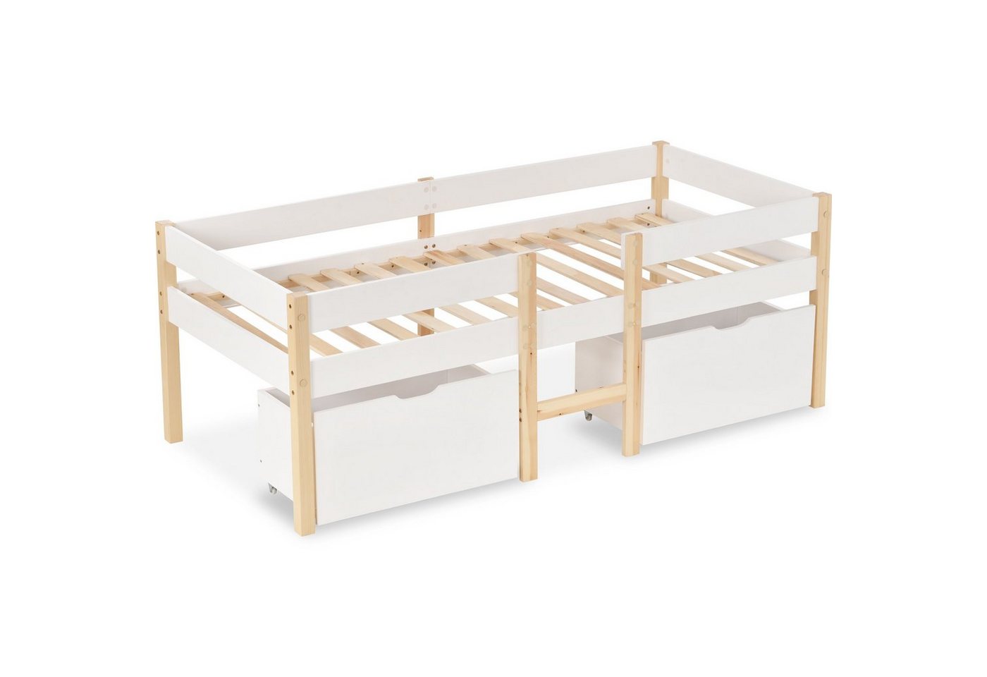 Gotagee Holzbett Bett Kinderbett mit Schublade Kiefer Holzbett Einzelbett Weiß&Eiche, Rausfallschutz von Gotagee