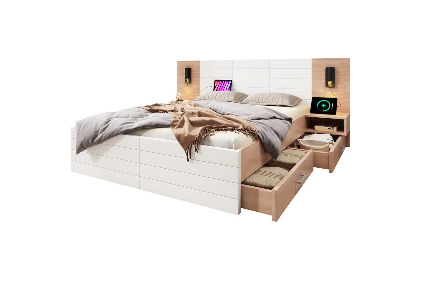 Gotagee Holzbett Doppelbett Leselicht USB Nachtkommode Mit Matratze mit Schubladen Gotagee Holzbett Doppelbett Leselicht USB Nachtkommode Mit Matratze mit Schubladen von Gotagee