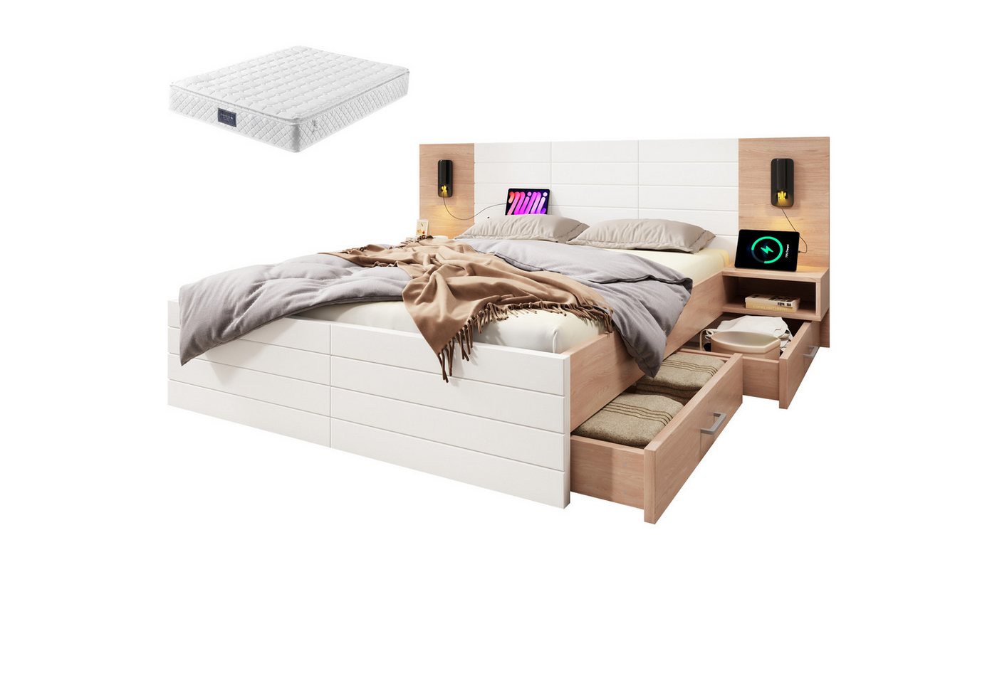 Gotagee Holzbett Doppelbett mit Schubladen Leselicht USB Nachtkommode Mit Matratze Gotagee Holzbett Doppelbett mit Schubladen Leselicht USB Nachtkommode Mit Matratze von Gotagee