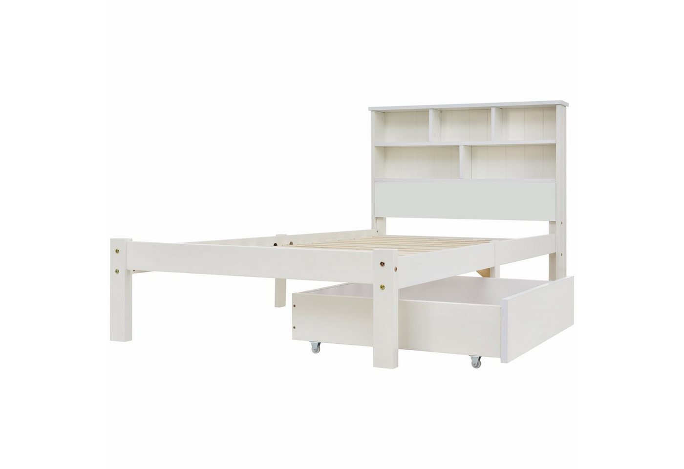 Gotagee Holzbett Holz Doppelbett mit Schubladen+Lattenrost Bücherregal Kinderbett Weiß von Gotagee