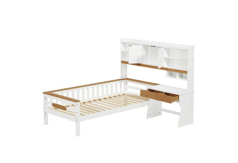 Gotagee Kinderbett Einzelbett 90x200cm Stauraumbett Holzbett Jugendbett mit Tisch Weiß, mit Tisch und Schubladen, Mit Schutzplatte L-Struktur, Kiefer+MDF von Gotagee