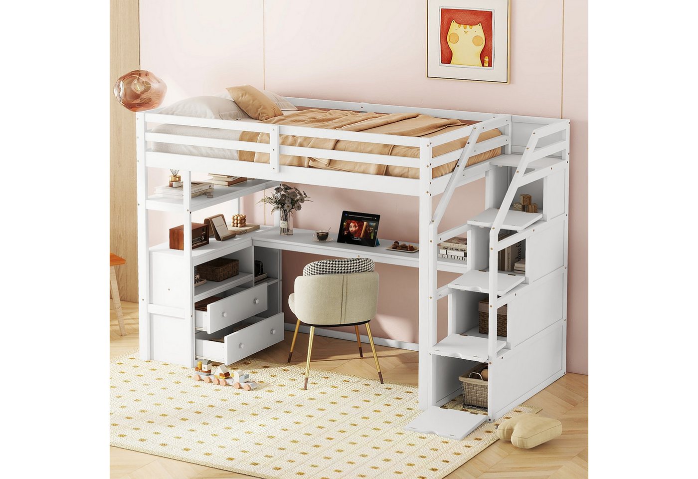 Gotagee Kinderbett Einzelbett Modern 90x200cm Hochbett Stauraumleiter mit Tisch Weiß Gotagee Kinderbett Einzelbett Modern 90x200cm Hochbett Stauraumleiter mit Tisch Weiß von Gotagee