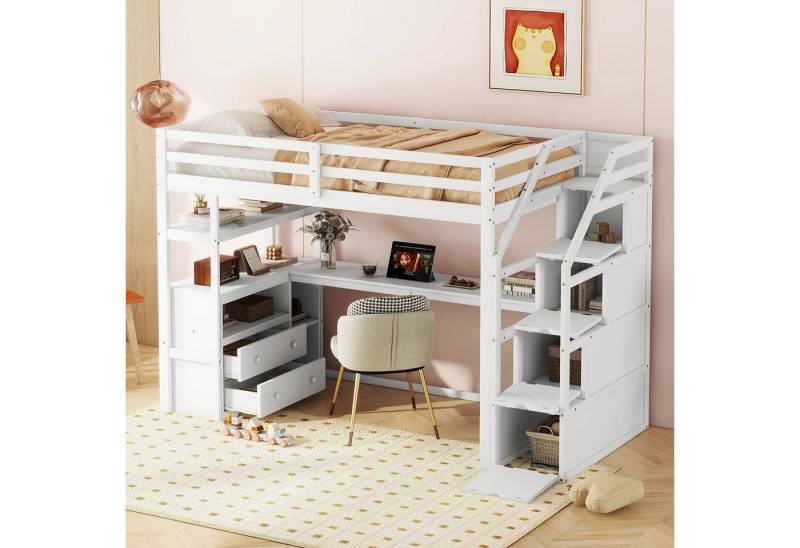 Gotagee Kinderbett Einzelbett Modern 90x200cm Hochbett Stauraumleiter mit Tisch Weiß von Gotagee