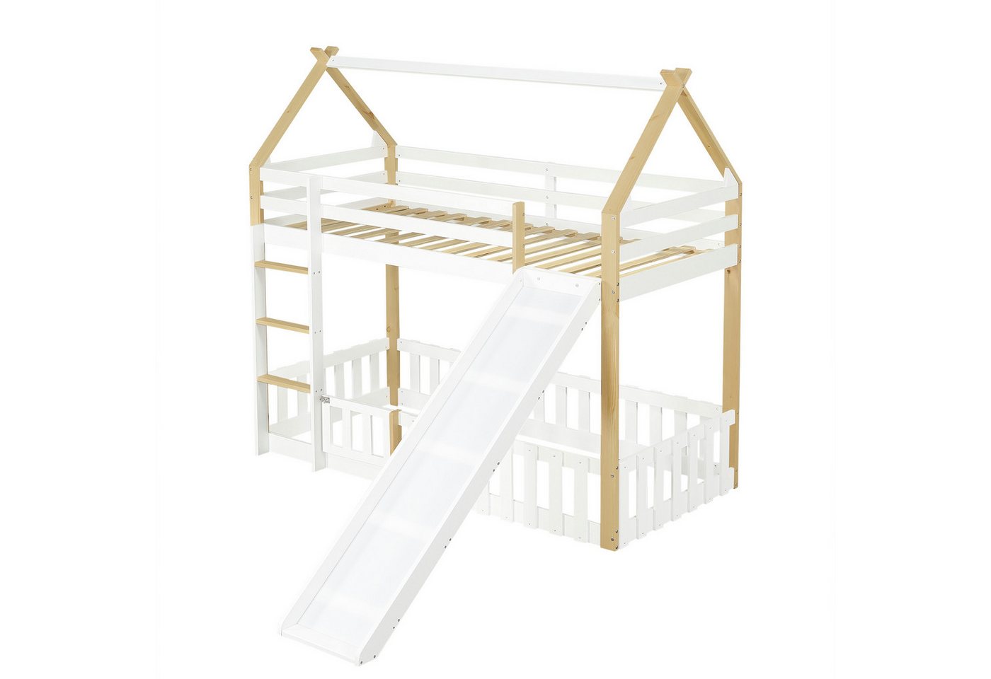 Gotagee Kinderbett Etagenbett 90x200cm Dachform Einzelbett Holzbett mit Kinderrutsche, Stabile Lattenroste und Leiter, Kiefer + MDF + Sperrholz Gotagee Kinderbett Etagenbett 90x200cm Dachform Einzelbett Holzbett mit Kinderrutsche, Stabile Lattenroste und Leiter, Kiefer + MDF + Sperrholz von Gotagee