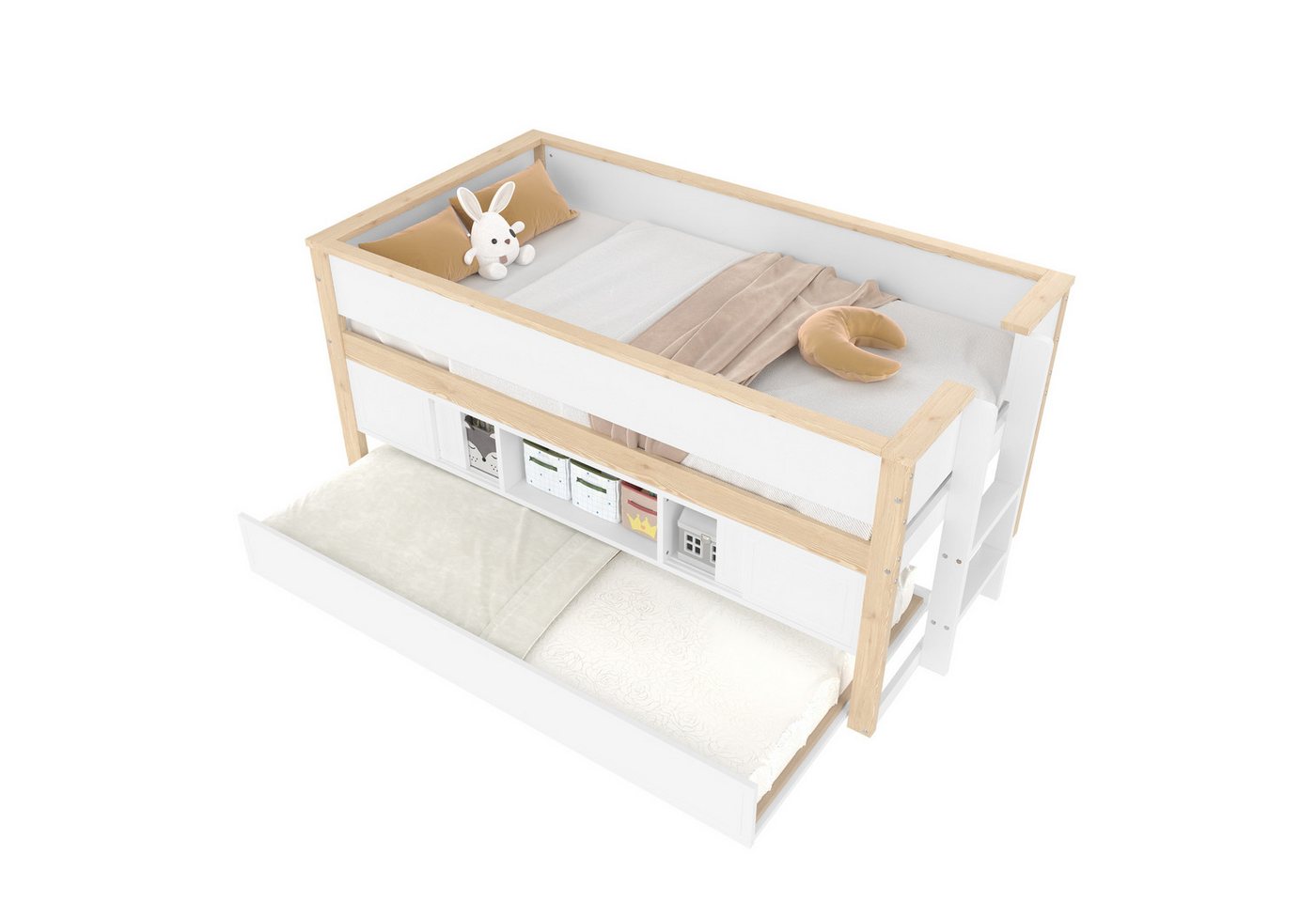 Gotagee Kinderbett Halbhohes Bett 90x200 Etagenbett mit Ausziehbett Jugendbett Gästebett, Mehrere Ablagefächer, ohne Matratze, Weiß + Natur Gotagee Kinderbett Halbhohes Bett 90x200 Etagenbett mit Ausziehbett Jugendbett Gästebett, Mehrere Ablagefächer, ohne Matratze, Weiß + Natur von Gotagee