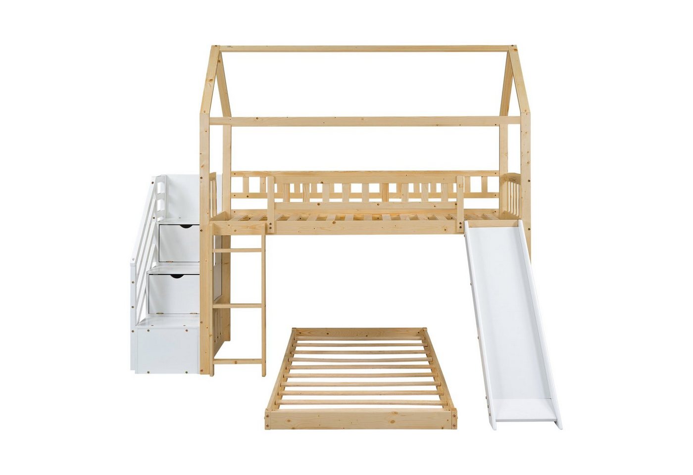 Gotagee Kinderbett Hausbett Kinderbett Etagenbett mit Treppe+Stauraum+Rutsche 90x200cm, Natur+Weiß von Gotagee