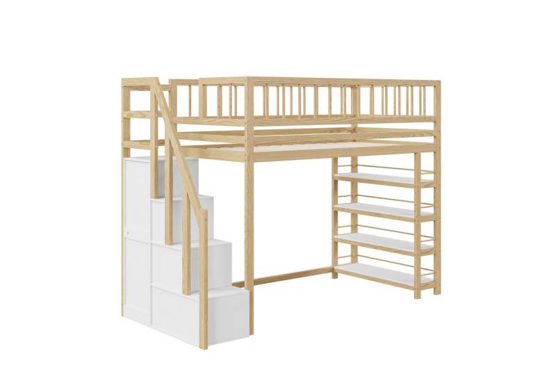 Gotagee Kinderbett Hochbett 90x200 Einzelbett Massivholzbett Stauraum Multifunktionsbett, mit Kleiderschrank, Regalen und Stauraum mit Sicherheitskletterleiter von Gotagee