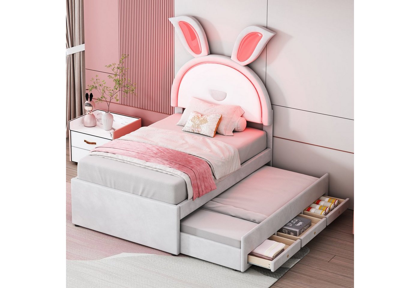 Gotagee Kinderbett LED 90x200cm Kinderbett mit ausziehbarem Polsterbett Einzelbett Samt von Gotagee