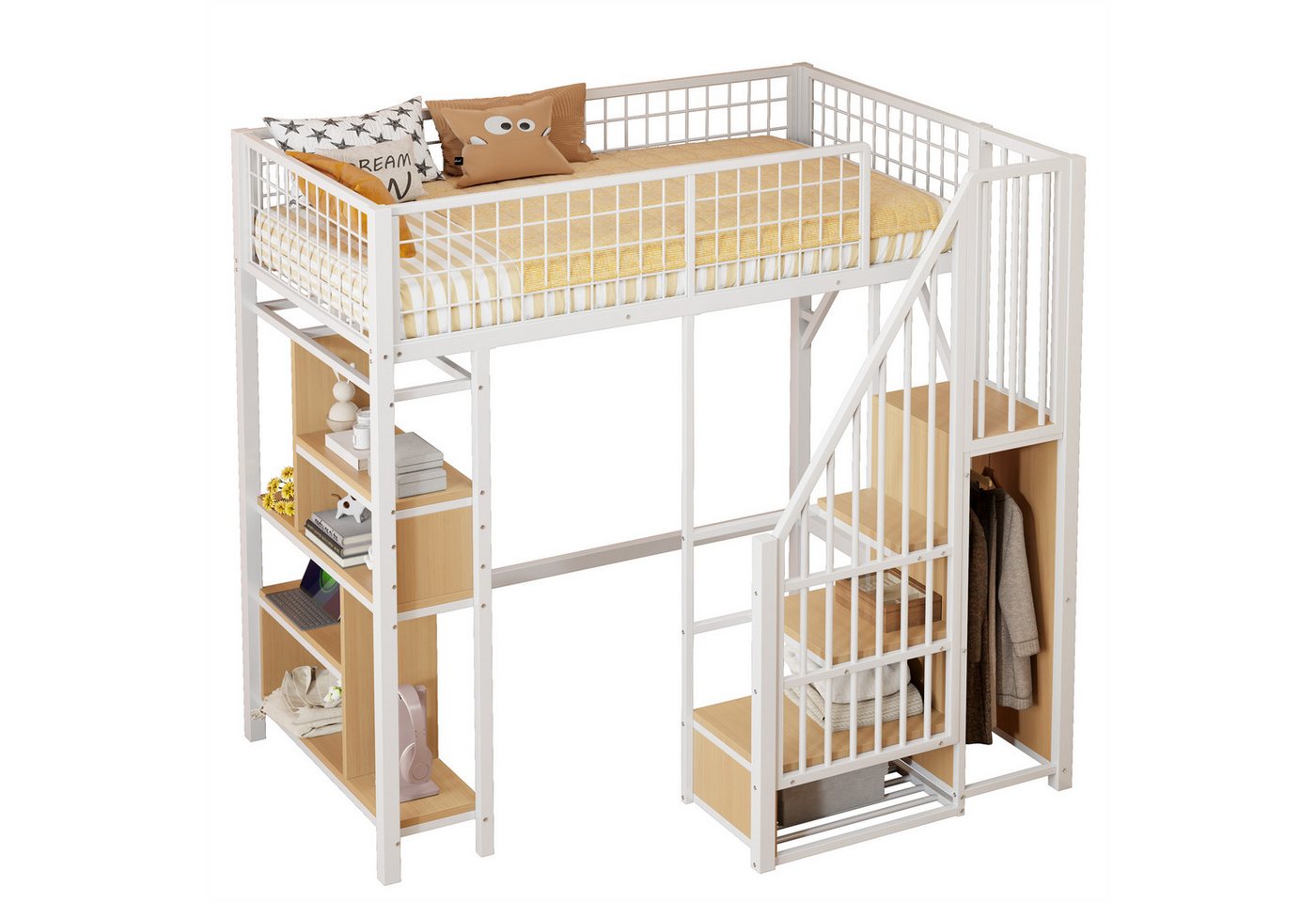 Gotagee Kinderbett Multifunktionales Hochbett 90x200cm Metallbett Gästebett Jugendbett, mit Stauraum, Ablageflächen und Treppe von Gotagee