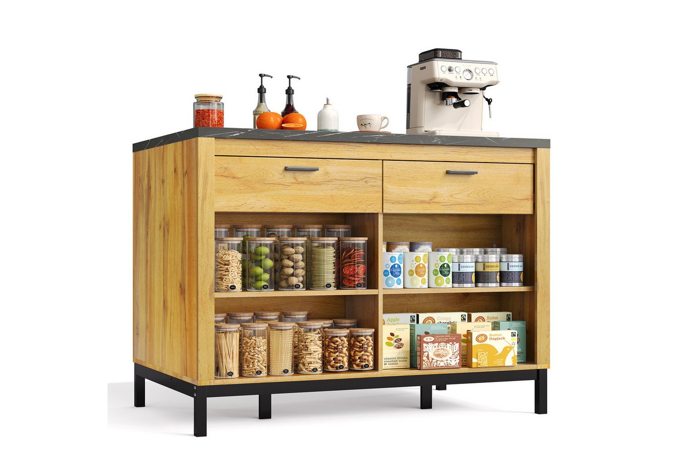 Gotagee Kücheninsel 120×75×90cm Speisewagen Sideboard Metallgestell Anrichte Schließfächer, Marmor-Arbeitsplatte, Metallgestell, Rückseite mit Barbereich Gotagee Kücheninsel 120×75×90cm Speisewagen Sideboard Metallgestell Anrichte Schließfächer, Marmor-Arbeitsplatte, Metallgestell, Rückseite mit Barbereich von Gotagee