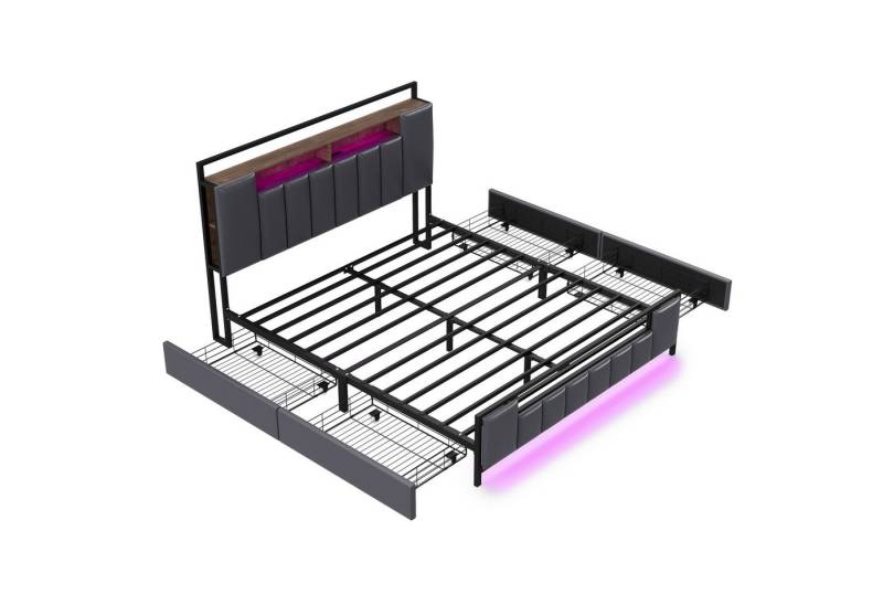Gotagee Polsterbett 160x200cm Multifunktionsbett LED Doppelbett Jugendbett flaches Bett, mit USB-Steckdose, Bettgestell aus massivem Eisen von Gotagee