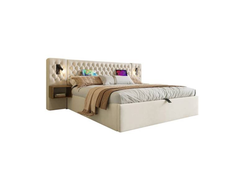 Gotagee Polsterbett 160x200cm mit 2 Nachttisch Jugendbett mit USB Stauraumbett Doppelbett, mit 2 Nachttischen, Kopfteil Leselicht mit USB Ladefunktion von Gotagee