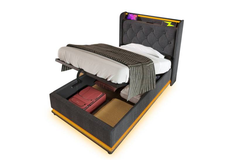 Gotagee Polsterbett 90x200cm Jugendbett Lagerbett mit USB Typ-C Mit Matratze Einzelbett, gepolstertes Kopfteil von Gotagee