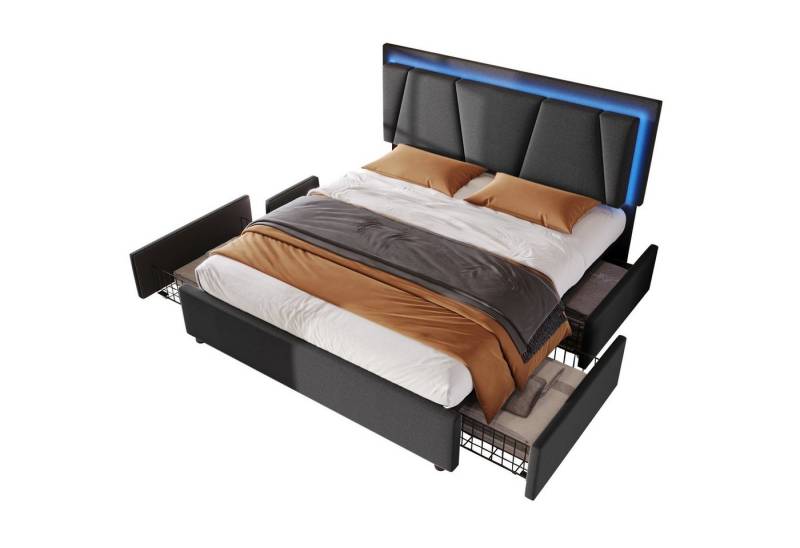 Gotagee Polsterbett Bett mit LED+Schubladen 140x200cm mit Matratze flaches Doppelbett von Gotagee