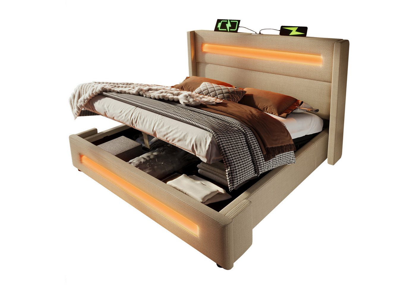 Gotagee Polsterbett Doppelbett 140x200cm Jugendbett Leinen Stauraumbett Mit Matratze, Metallbettrahmen mit Holzlatten Gotagee Polsterbett Doppelbett 140x200cm Jugendbett Leinen Stauraumbett Mit Matratze, Metallbettrahmen mit Holzlatten von Gotagee