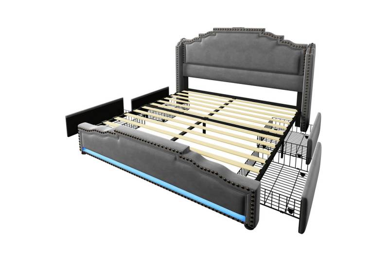Gotagee Polsterbett Doppelbett 140x200cm Stauraumbett Jugendbett mit LED Samt Gästebett, mit LED-Beleuchtung und USB-C-Ladeanschluss von Gotagee