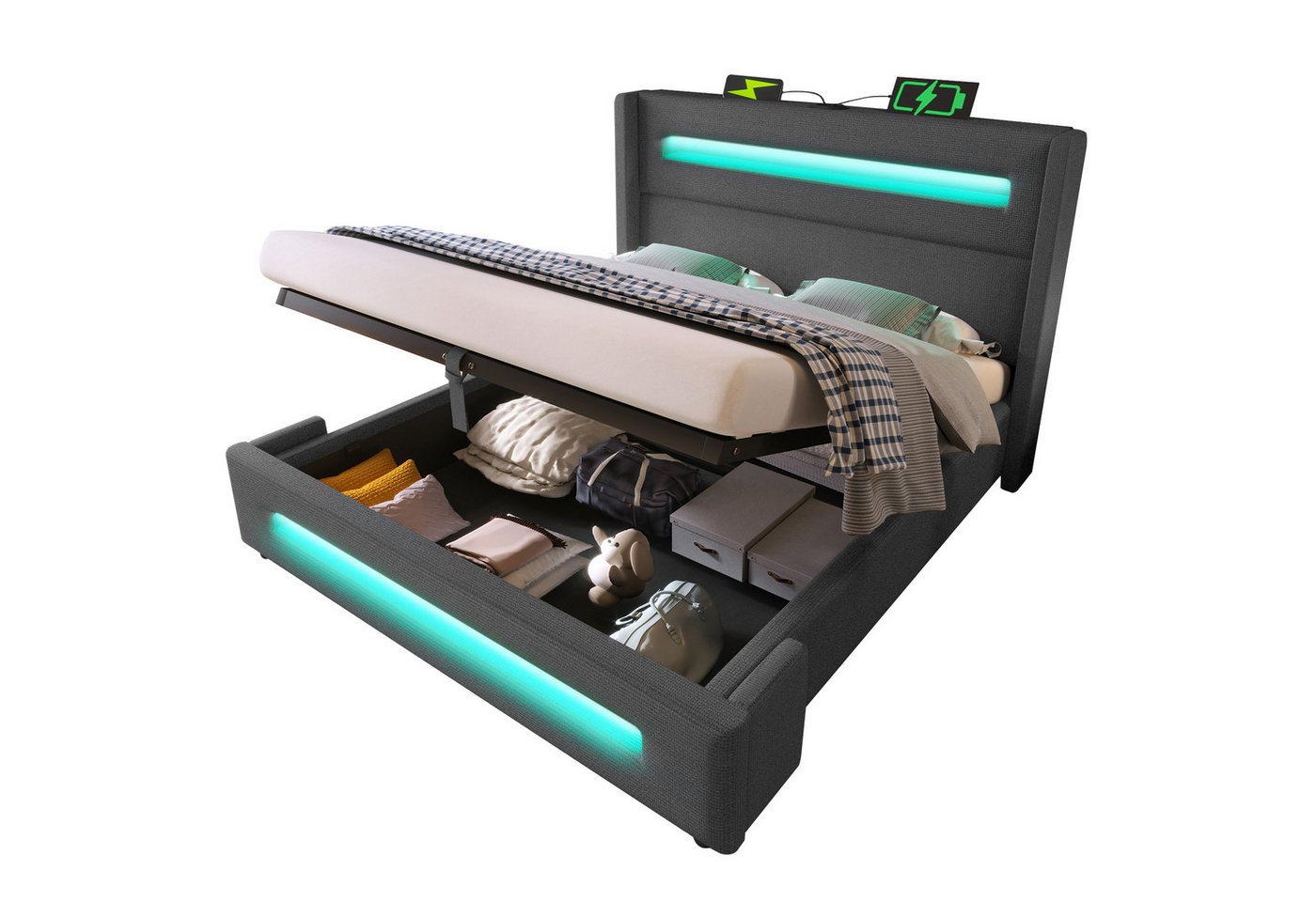 Gotagee Polsterbett Doppelbett 160x200cm Jugendbett Leinen Stauraumbett Mit Matratze, Metallbettrahmen mit Holzlatten Gotagee Polsterbett Doppelbett 160x200cm Jugendbett Leinen Stauraumbett Mit Matratze, Metallbettrahmen mit Holzlatten von Gotagee