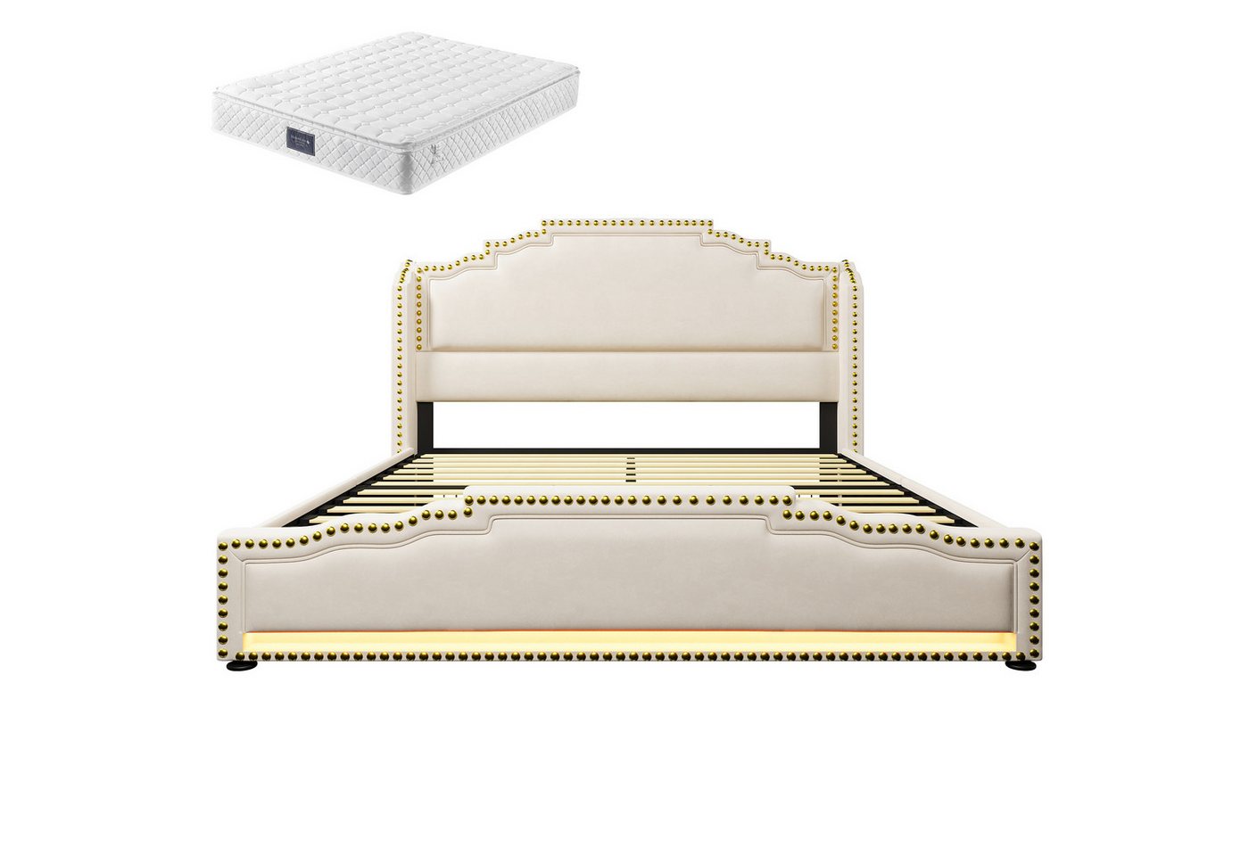 Gotagee Polsterbett Doppelbett 160×200cm Massivholzbett Gästebett Jugendbett mit Matratze, mit 4 Schubladen, LED-Beleuchtung und USB-C-Ladeanschluss von Gotagee