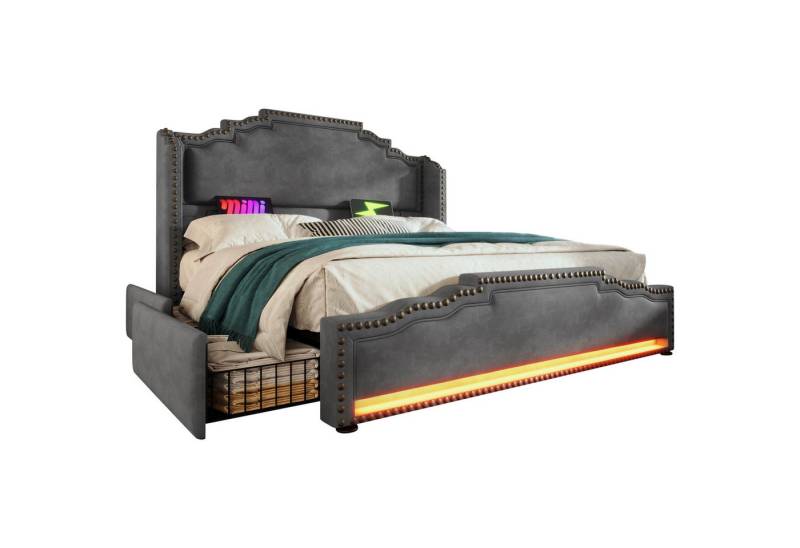 Gotagee Polsterbett Doppelbett 160×200cm Massivholzbett Gästebett Jugendbett mit Matratze, mit 4 Schubladen, LED-Beleuchtung und USB-C-Ladeanschluss Gotagee Polsterbett Doppelbett 160×200cm Massivholzbett Gästebett Jugendbett mit Matratze, mit 4 Schubladen, LED-Beleuchtung und USB-C-Ladeanschluss von Gotagee
