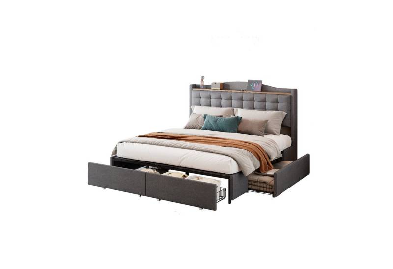 Gotagee Polsterbett Doppelbett Jugendbett 160x200 Gästebett mit Schublade und Ladefunktion, Doppelflachbett mit 4 Schubladen, Leinenstoff Gotagee Polsterbett Doppelbett Jugendbett 160x200 Gästebett mit Schublade und Ladefunktion, Doppelflachbett mit 4 Schubladen, Leinenstoff von Gotagee