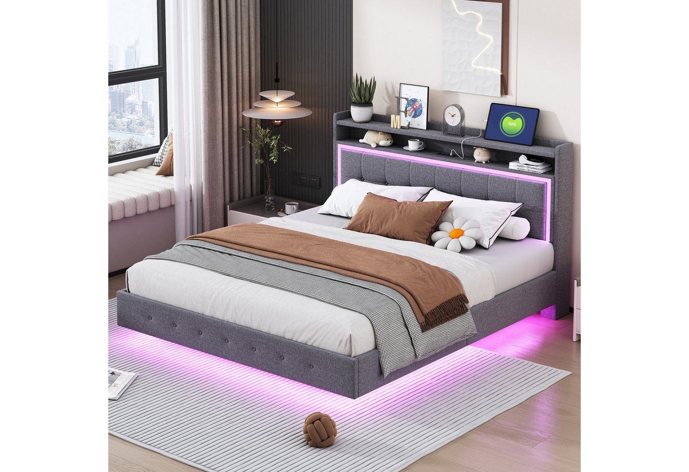 Gotagee Polsterbett Doppelbett Jugendbett Flachbett mit USB-Steckdose Leinen Gästebett, verstecktes Fußdesign Gotagee Polsterbett Doppelbett Jugendbett Flachbett mit USB-Steckdose Leinen Gästebett, verstecktes Fußdesign von Gotagee